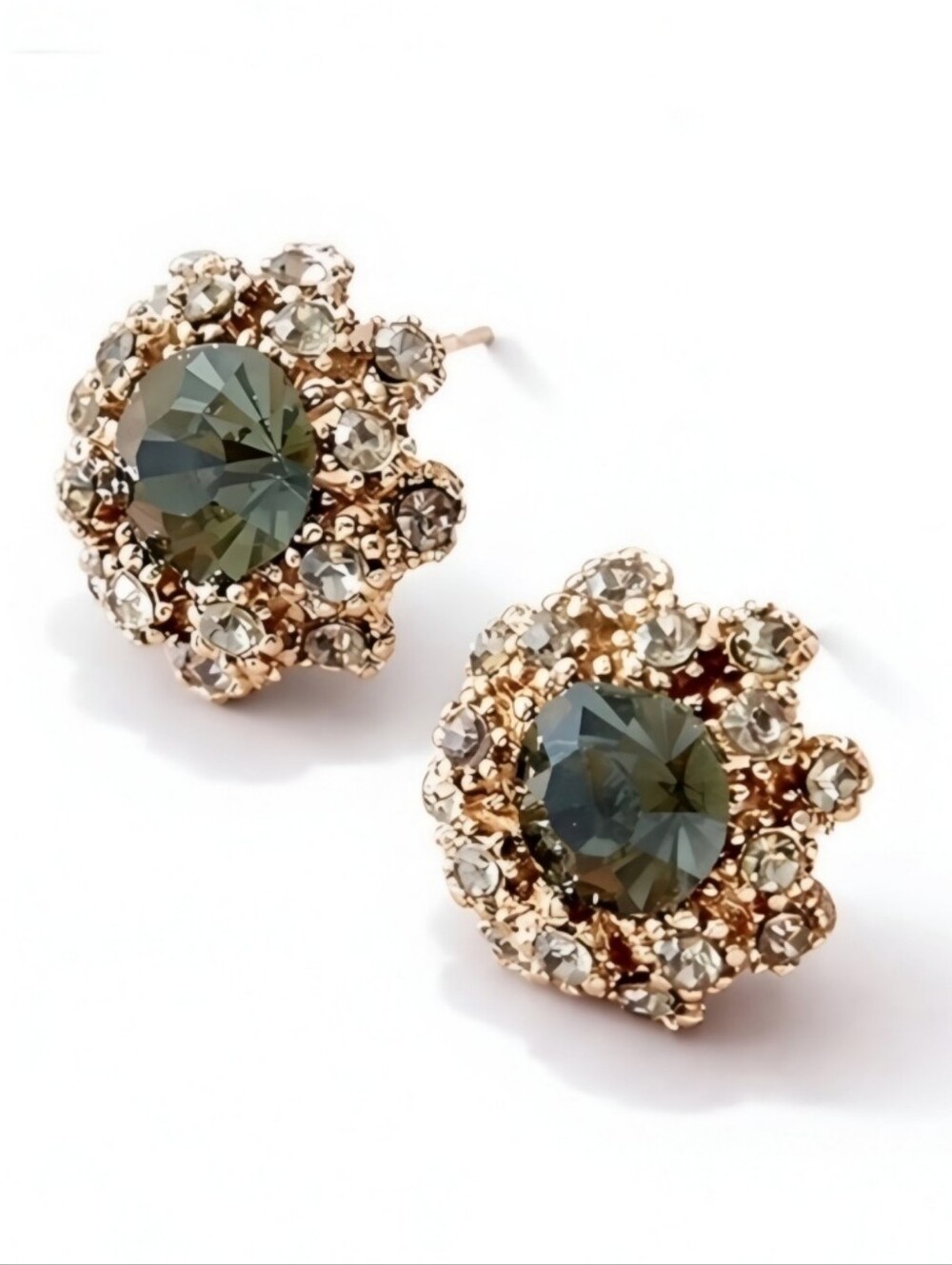 Gray Green Crystal Stud Earrings Surrounded By Rhinestone Halo; .63" Round; NWOT